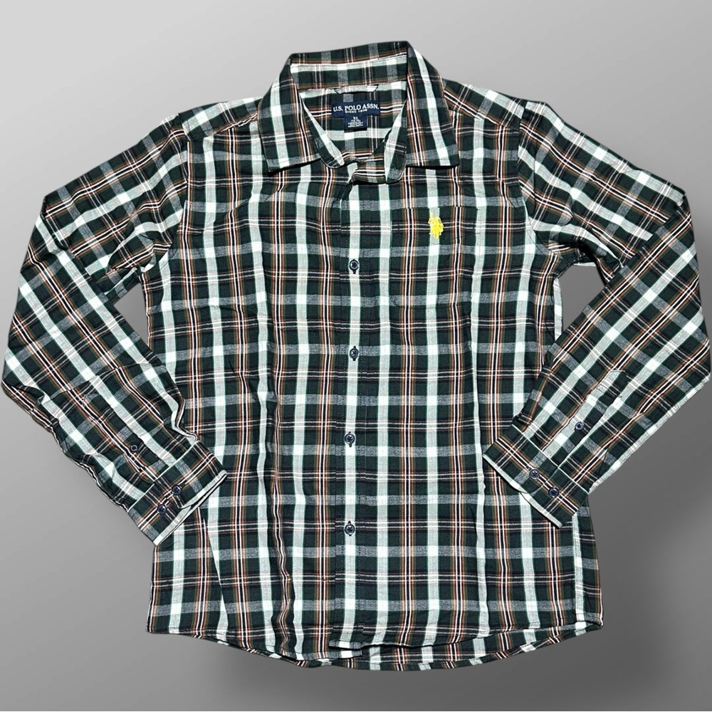 U.S. Polo Assn Boys XL 14-16 Plaid Button Shirt Green Yellow Red Logo Pocket